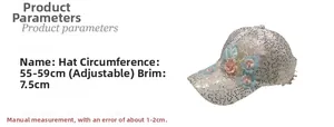 Detail view of floral sequins baseball cap with 7.5cm brim and adjustable 55-59cm strap