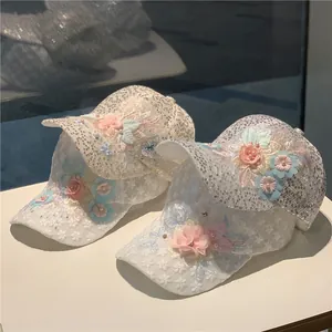 Women's Fashion Lace Baseball Cap With 3D Flower Sequins Rhinestone Pearl Decoration Mesh Breathable Sun Hat For Vacation