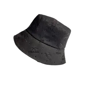 Fashionable black cotton bucket hat with sparkling rhinestone PRANK letters and palm trees