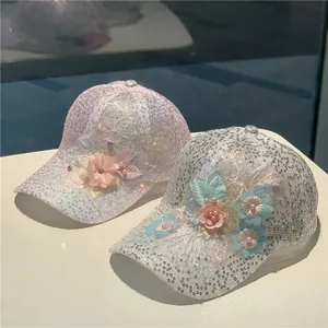 Breathable lace flower baseball caps with sequins and floral mesh for sun protection