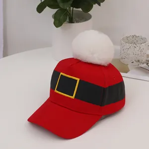 Red Christmas Baseball Cap With Large White Pom Pom Santa Claus Belt Embroidery Festive Winter Warm Adjustable Cotton Hat Women