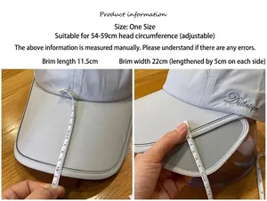 Detailed size chart for sun hat with 11.5cm long brim and adjustable 54-59cm circumference