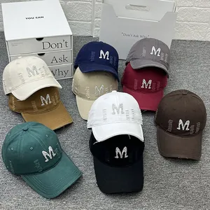 Women Distressed Baseball Cap Rhinestone Letter M Washed Cotton Adjustable Vintage Streetwear Sun Hat Casual Outdoor Dad Hat