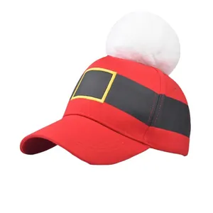 Christmas Santa baseball cap in red with a large white pompom and belt buckle print