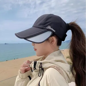 Detail showing the adjustable retractable brim of the black quick-dry sun protection hat