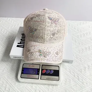 Pink lace baseball cap with butterfly rhinestones and Love embroidery weighing 79 grams