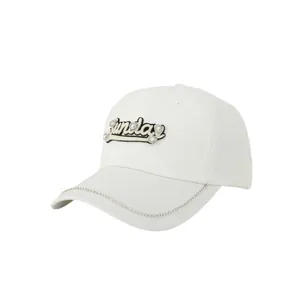 White baseball cap with Sunday embroidery and sparkling rhinestone chain on the brim