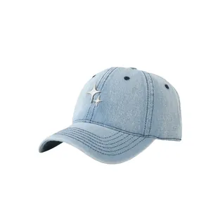Fitted light blue denim baseball cap with silver metal star badges and contrast stitching