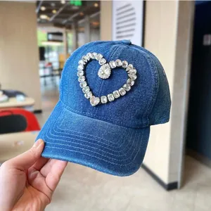 Damen Mode Herz Strass Denim Baseball Kappe Luxus Gewaschene Baumwolle Verstellbarer Sonnenhut Distressed Soft Top Outdoor Casual Trucker Hut