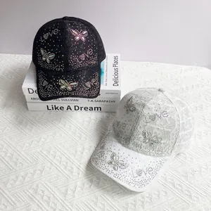 Lace baseball caps with rhinestone butterfly and Love text in black and white colors