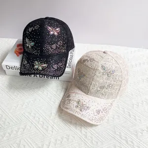 Women's Fashion Lace Baseball Cap With Rhinestone Butterfly Love Letters Breathable Hollow Out Sunshade Outdoor Snapback Hat