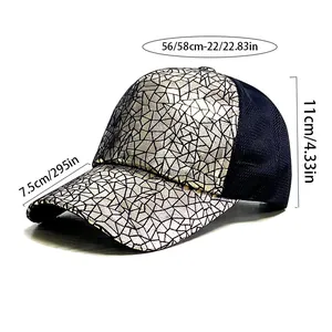 Detail view of hip-hop cap showing silver cracked texture and breathable mesh with size chart