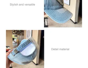 Nahaufnahme der hellblauen Denim-Baseballkappe mit funkelnder Herzverzierung aus Strass