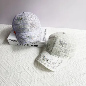 Stylish lace baseball caps with rhinestone butterfly and LOVE design in purple and cream