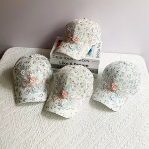 Casquettes de baseball en dentelle pour femmes avec fleurs 3D et perles décoratives