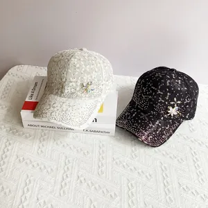 Breathable lace baseball cap for women featuring crystal maple leaf and sparkling rhinestones