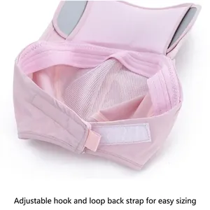 Detail of adjustable velcro strap and breathable mesh lining on pink sun hat