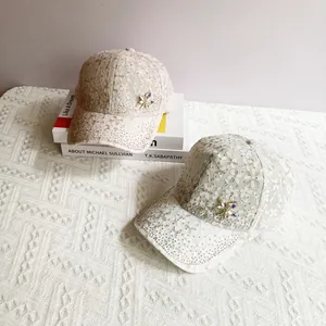 Lace rhinestone baseball caps for women in beige and pink with floral crystal patterns