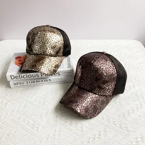 Hip hop baseball cap with metallic PU cracked texture and breathable mesh back