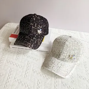 Elegant lace baseball cap with sparkling rhinestones and floral crystal accents in two colors