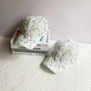Women's floral lace baseball cap with 3D iris embroidery and elegant pearl accents