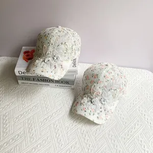 Breathable white lace baseball cap with floral print and 3D iris flower embroidery