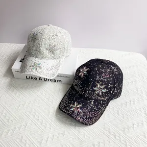 Casquette de Baseball en Dentelle pour Femmes Fleur en Strass Lettre KISS Respirante Ajustable Chapeau de Soleil de Mode