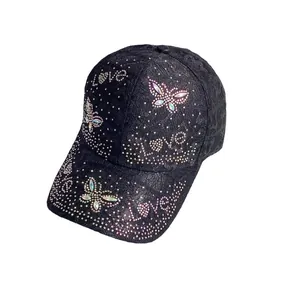 Lace baseball cap with colorful rhinestone butterflies and Love lettering on black fabric