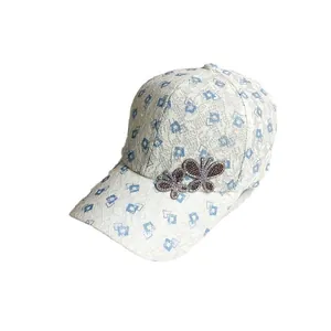 Breathable lace baseball cap for women with rhinestone butterflies and blue diamond patterns