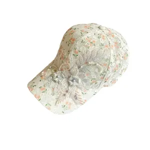 Elegant white floral lace baseball cap with handmade 3D iris flowers and pearl accents