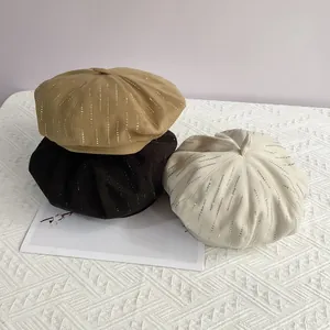 Fashionable wool octagonal beret hats with sparkling rhinestone stripes in three colors