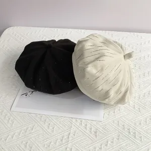 Winter Woolen Beret Hat with Vertical Rhinestones Vintage Elegant French Style Octagonal Cap for Women Fashion Warm Painters Hat