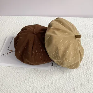 Winter wool newsboy beret hats in brown and khaki with vertical rhinestone details