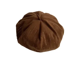 Brown wool beret hat with vertical gold rhinestones and retro pumpkin cap style