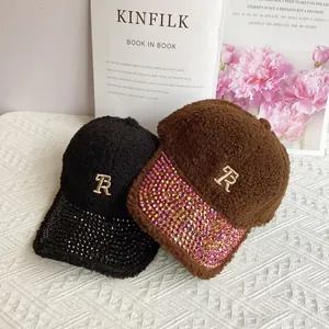 Fleece baseball cap with embroidered R logo and rhinestone brim for winter style