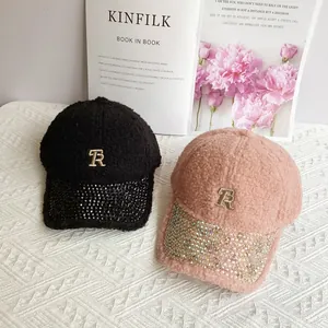 Women Sherpa Baseball Cap Rhinestone Brim Letter R Embroidery Warm Winter Adjustable Fashion Duckbill Hat Casual Outdoor