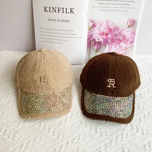 Fleece baseball caps with TR embroidery and rhinestone brim in khaki and brown colors