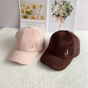 Plush velvet baseball caps in pink and coffee brown with golden S-letter metal accessories