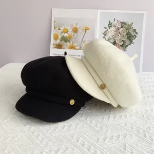 Casquette Gavroche en Laine Rétro pour Femmes Béret Chaud Couleur Unie Style Britannique Bonnet d'Artiste Avec Bouton Métal