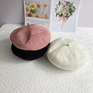 Women Sequin Chenille Knitted Beret Hat Soft Warm Winter Painter Hat Solid Color Fashion Headwear For Travel Shopping