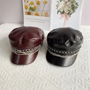 Chic PU leather baker boy hats in black and burgundy with metallic chain decor