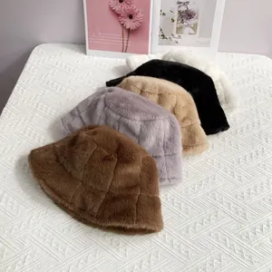 Faux mink fur bucket hats for women in five colors with elegant checkered texture