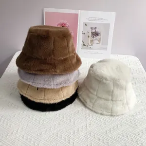 Women Faux Mink Fur Bucket Hat Winter Warm Windproof Solid Color Plaid Texture Soft Plush Basin Hat Outdoor Fashion Headwear