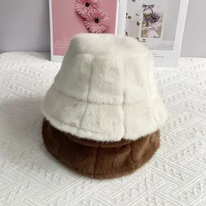 Plush faux fur bucket hats for women in white and brown, winter thermal fisherman caps