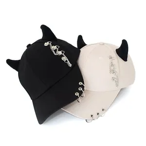 Punk Gothic Devil Horn Baseball Cap Cotton Metal Rings Chain Decoration Hat Streetwear Hip Hop Adjustable Baseball Hat For Men Women