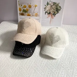 Winter rabbit hair blend baseball cap with rhinestone heart design in three colors