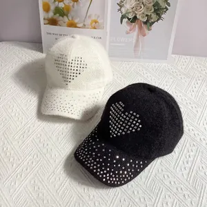 Women's warm rabbit hair blend baseball cap with rhinestone heart and soft fuzzy texture