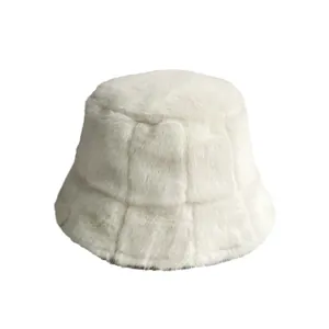 White faux mink fur bucket hat with checkered texture for winter wind protection