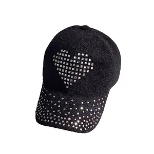 Plush black rabbit hair blend baseball cap with sparkling rhinestone heart design
