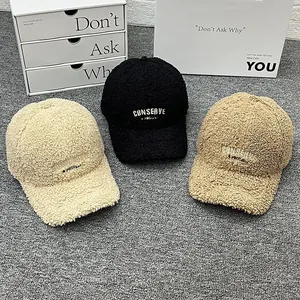 Lambswool baseball cap with embroidered letters in beige, black, and khaki for autumn winter
